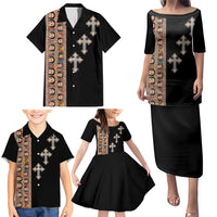 Ethiopia Angels Tilet Family Matching Puletasi and Hawaiian Shirt Ethiopian Cross Black Color
