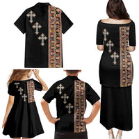 Ethiopia Angels Tilet Family Matching Puletasi and Hawaiian Shirt Ethiopian Cross Black Color