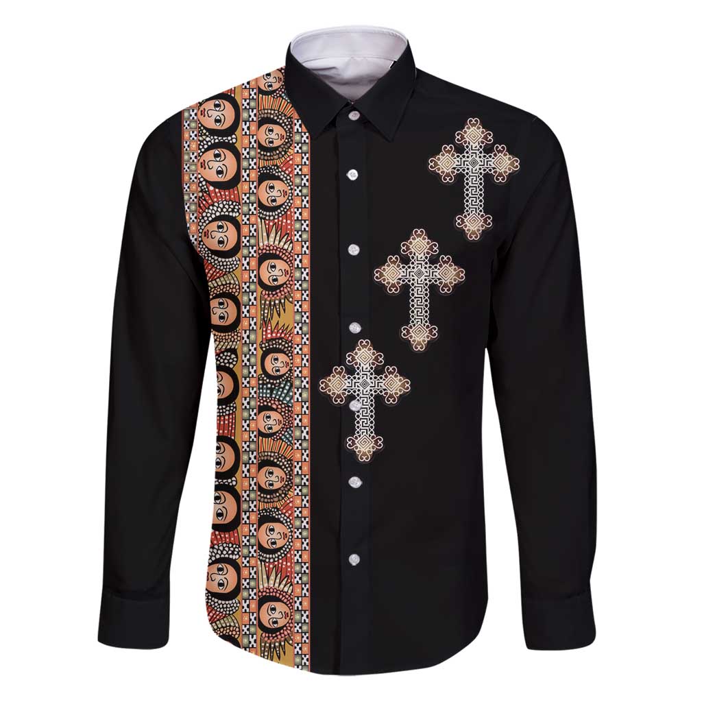 Ethiopia Angels Tilet Family Matching Puletasi and Hawaiian Shirt Ethiopian Cross Black Color