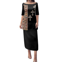 Ethiopia Angels Tilet Family Matching Puletasi and Hawaiian Shirt Ethiopian Cross Black Color