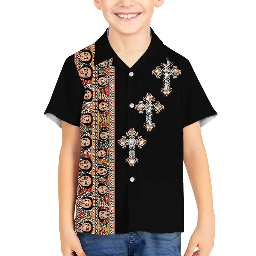 Ethiopia Angels Tilet Family Matching Puletasi and Hawaiian Shirt Ethiopian Cross Black Color