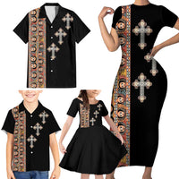 Ethiopia Angels Tilet Family Matching Short Sleeve Bodycon Dress and Hawaiian Shirt Ethiopian Cross Black Color