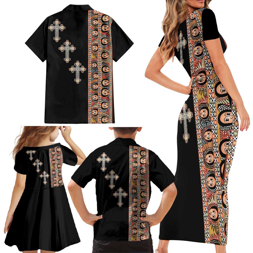 Ethiopia Angels Tilet Family Matching Short Sleeve Bodycon Dress and Hawaiian Shirt Ethiopian Cross Black Color