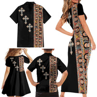 Ethiopia Angels Tilet Family Matching Short Sleeve Bodycon Dress and Hawaiian Shirt Ethiopian Cross Black Color