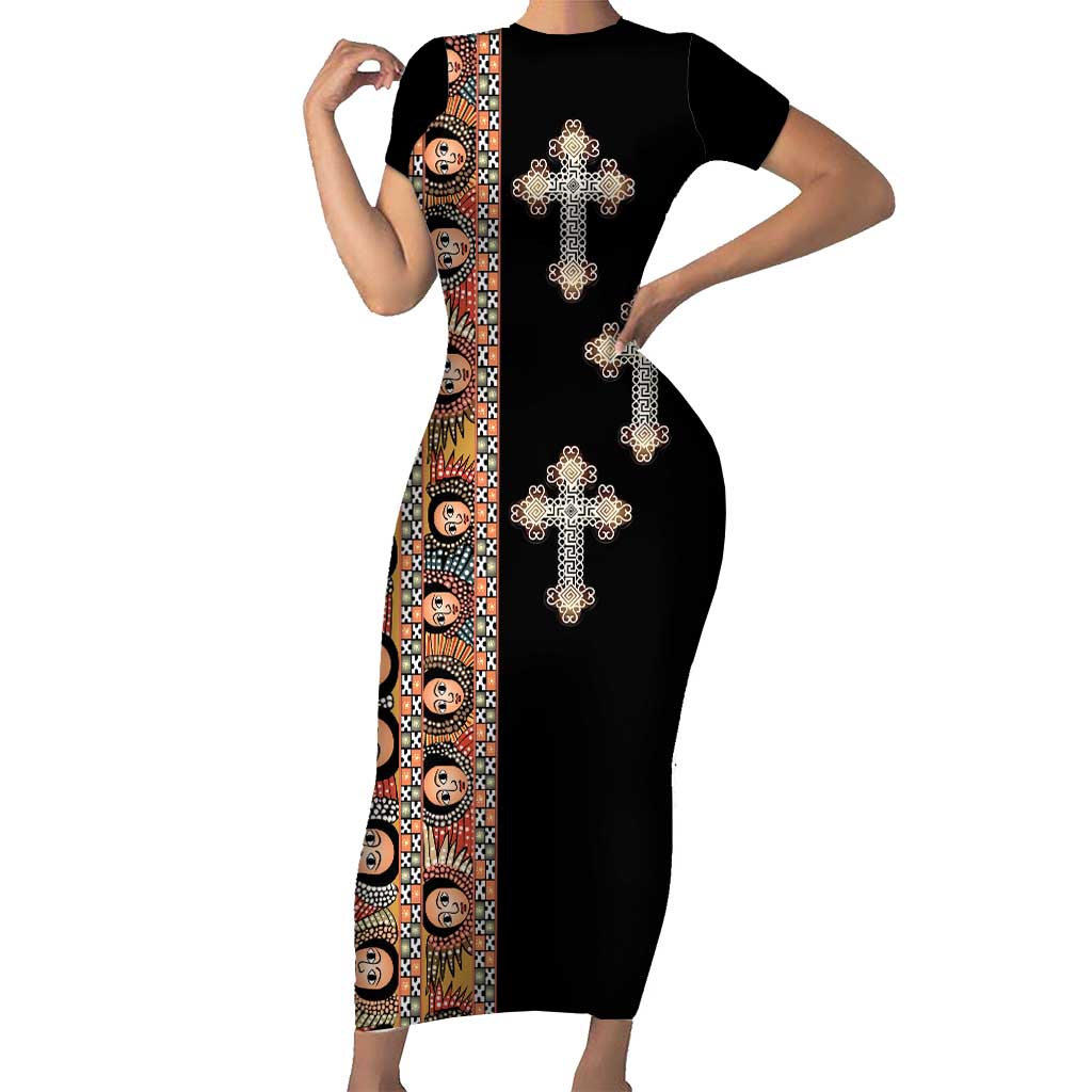 Ethiopia Angels Tilet Family Matching Short Sleeve Bodycon Dress and Hawaiian Shirt Ethiopian Cross Black Color