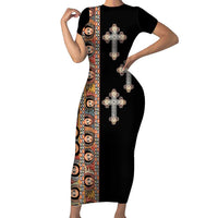 Ethiopia Angels Tilet Family Matching Short Sleeve Bodycon Dress and Hawaiian Shirt Ethiopian Cross Black Color