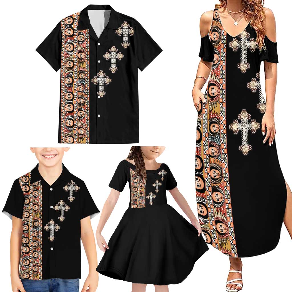 Ethiopia Angels Tilet Family Matching Summer Maxi Dress and Hawaiian Shirt Ethiopian Cross Black Color