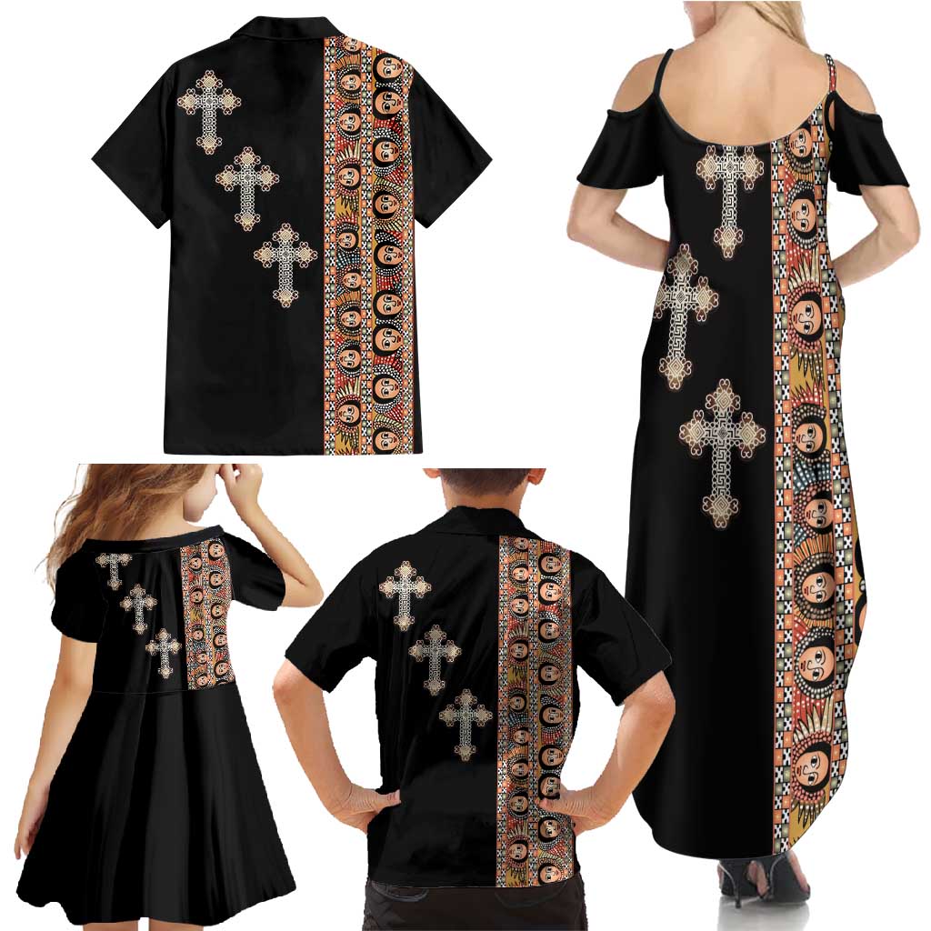 Ethiopia Angels Tilet Family Matching Summer Maxi Dress and Hawaiian Shirt Ethiopian Cross Black Color