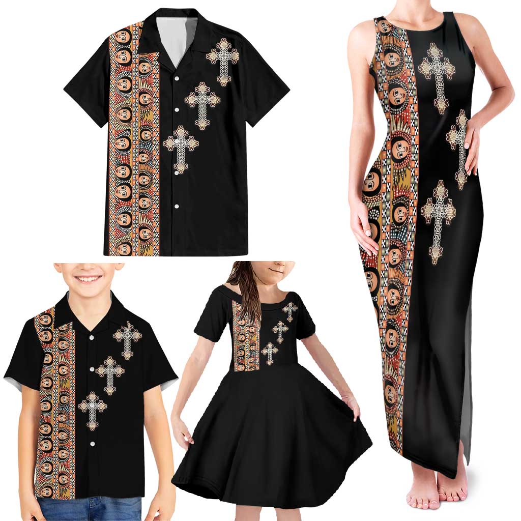 Ethiopia Angels Tilet Family Matching Tank Maxi Dress and Hawaiian Shirt Ethiopian Cross Black Color