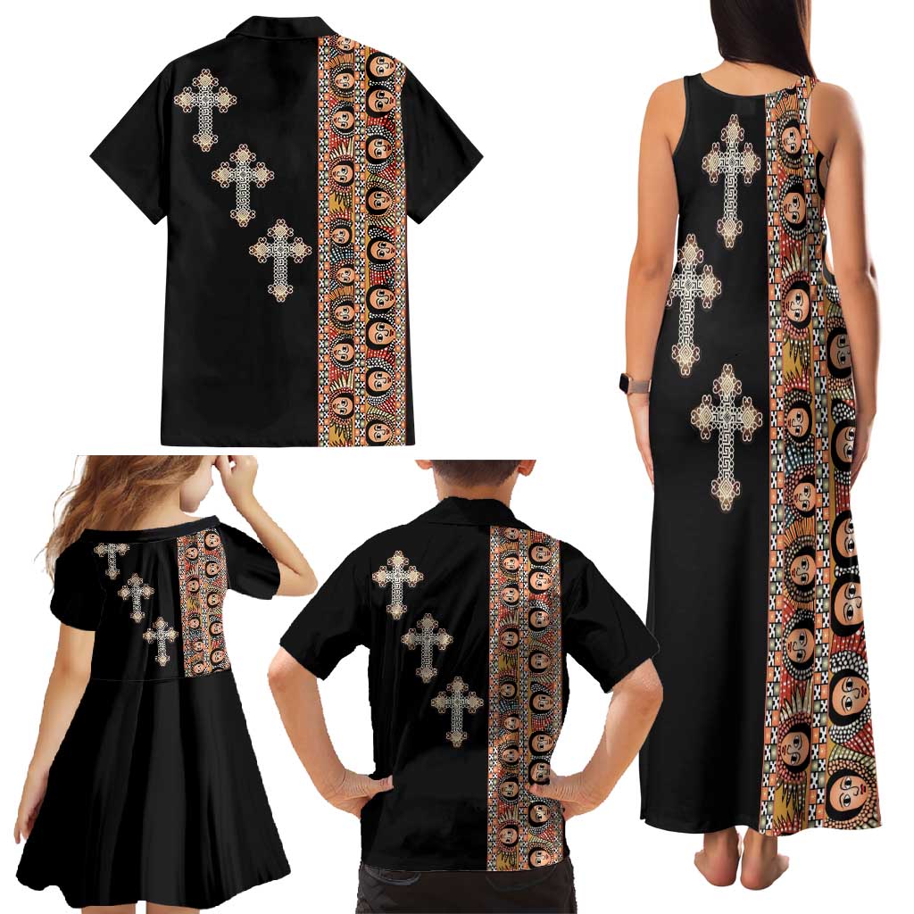 Ethiopia Angels Tilet Family Matching Tank Maxi Dress and Hawaiian Shirt Ethiopian Cross Black Color