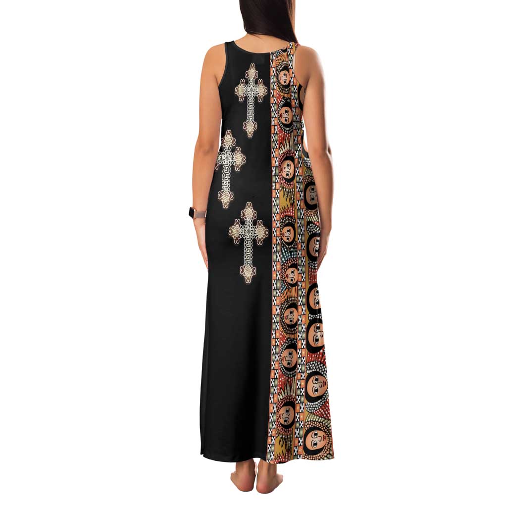 Ethiopia Angels Tilet Family Matching Tank Maxi Dress and Hawaiian Shirt Ethiopian Cross Black Color