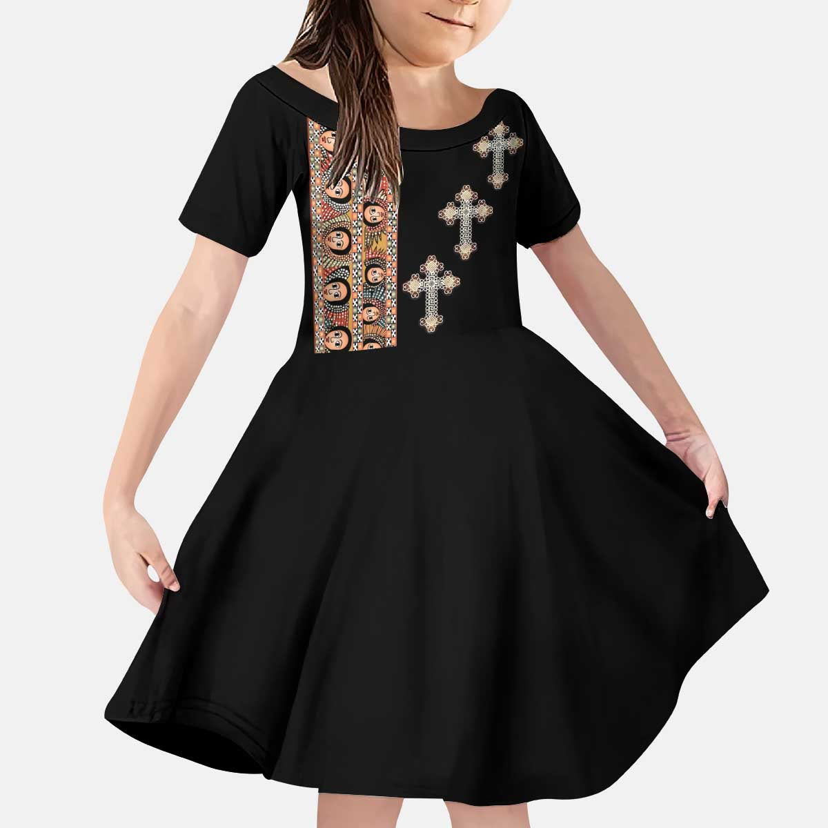 Ethiopia Angels Tilet Kid Short Sleeve Dress Ethiopian Cross Black Color