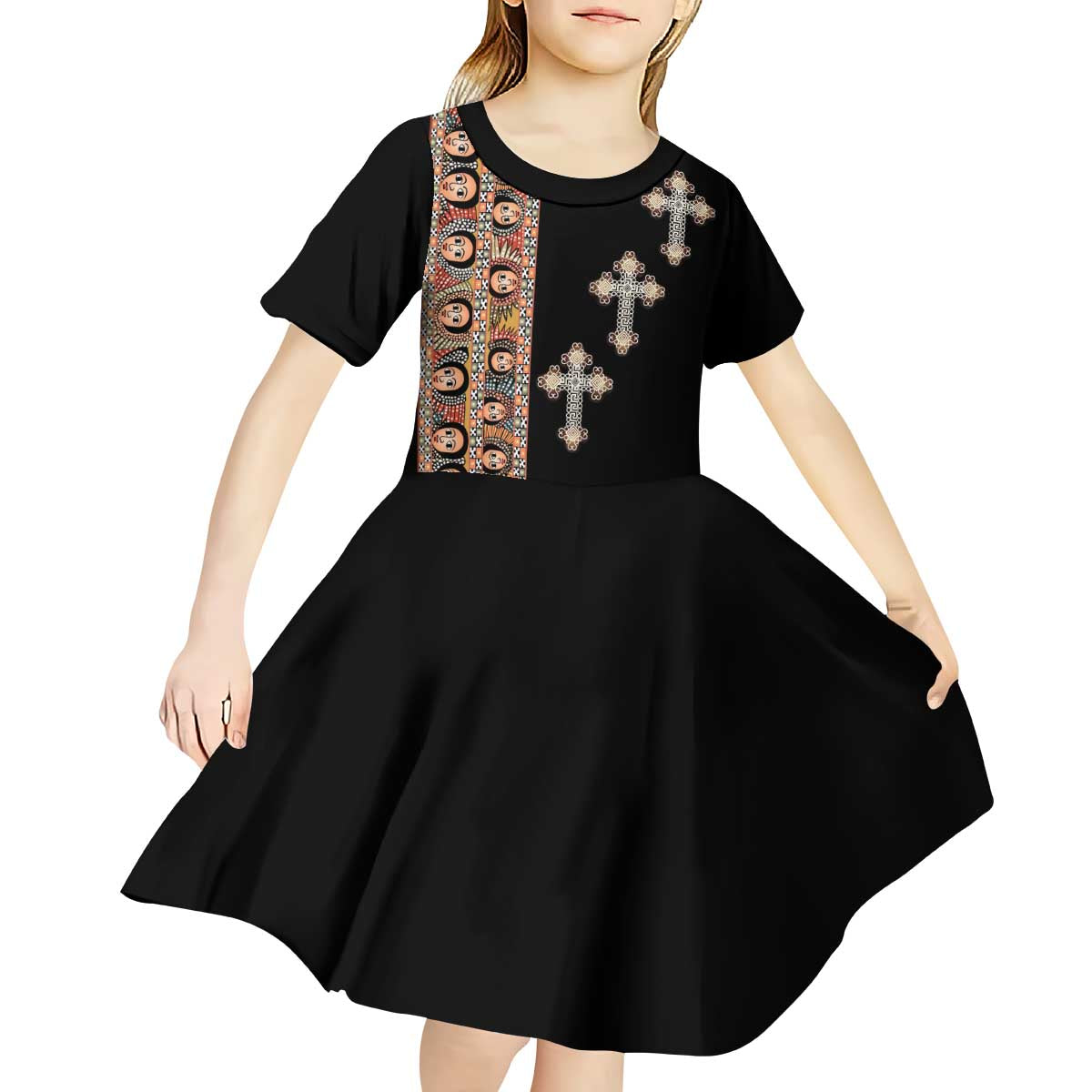 Ethiopia Angels Tilet Kid Short Sleeve Dress Ethiopian Cross Black Color