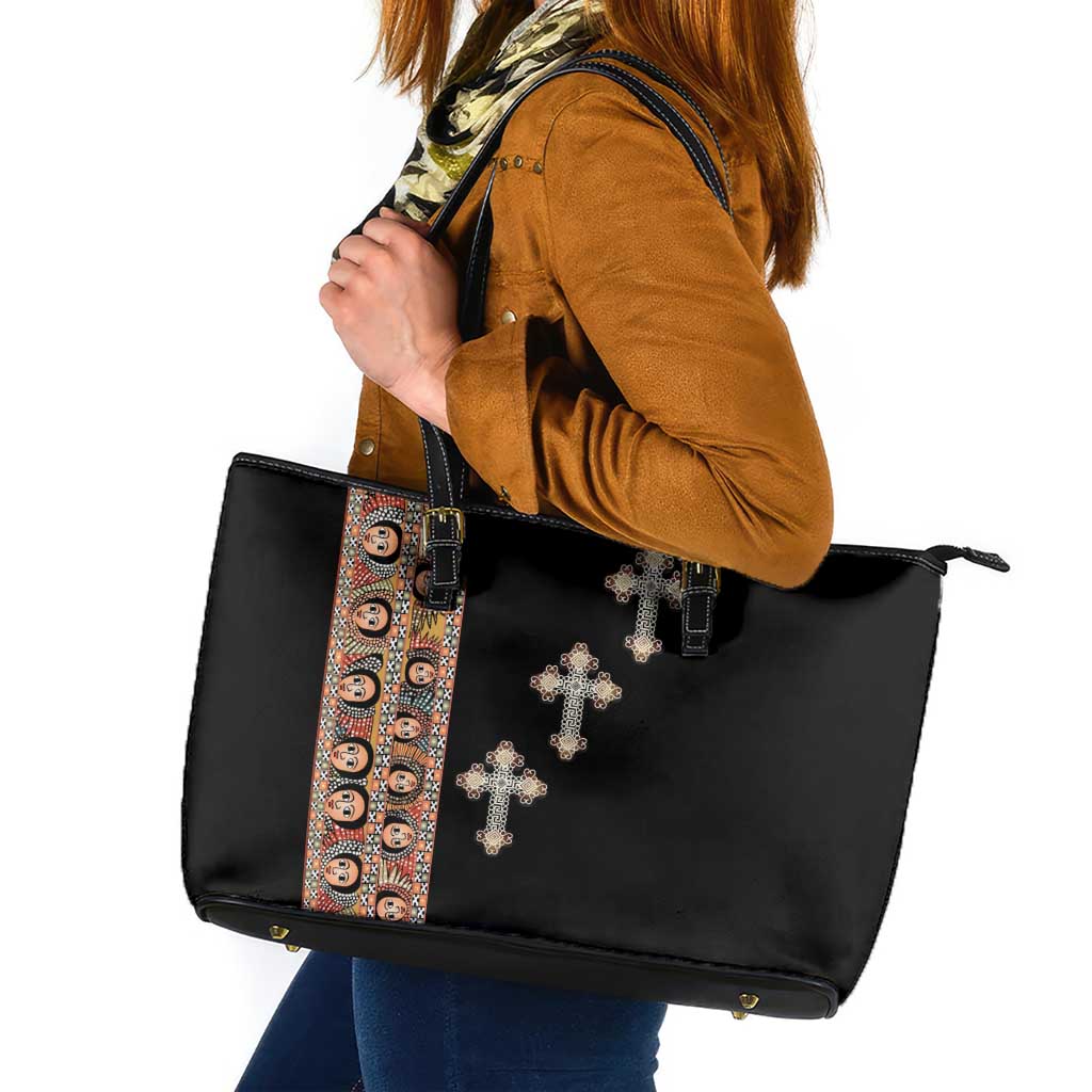Ethiopia Angels Tilet Leather Tote Bag Ethiopian Cross Black Color