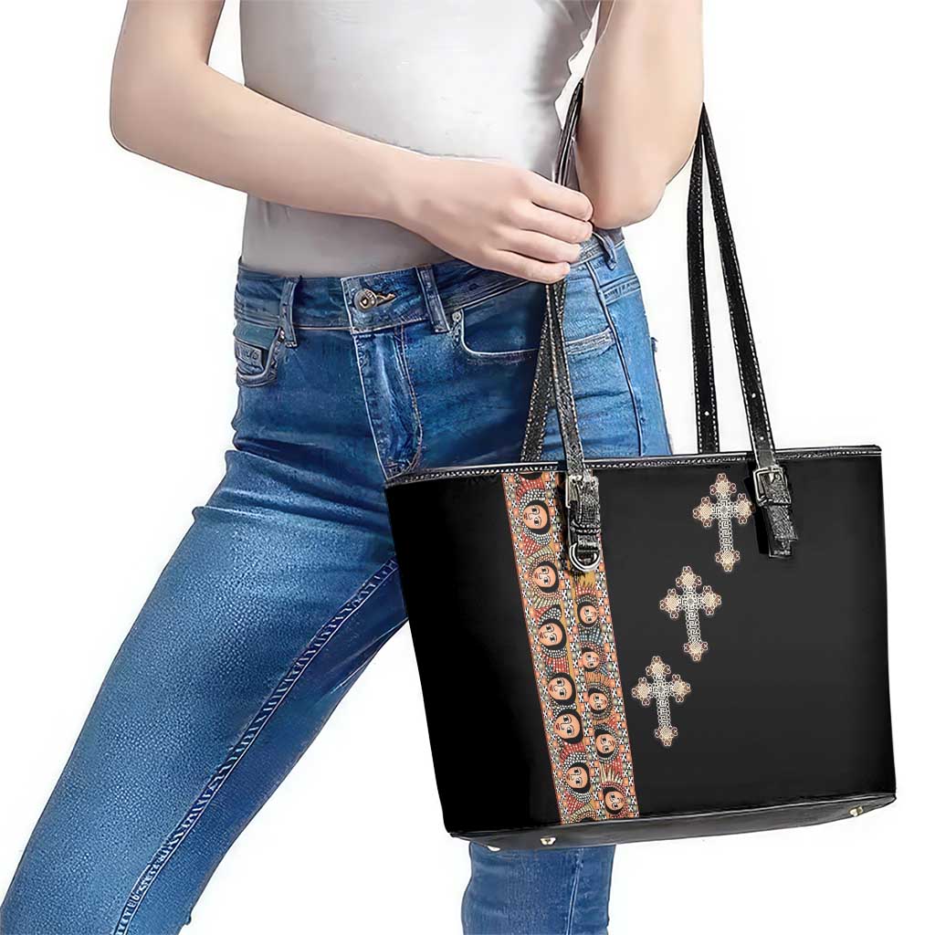 Ethiopia Angels Tilet Leather Tote Bag Ethiopian Cross Black Color