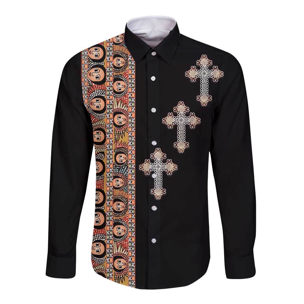 Ethiopia Angels Tilet Long Sleeve Button Shirt Ethiopian Cross Black Color