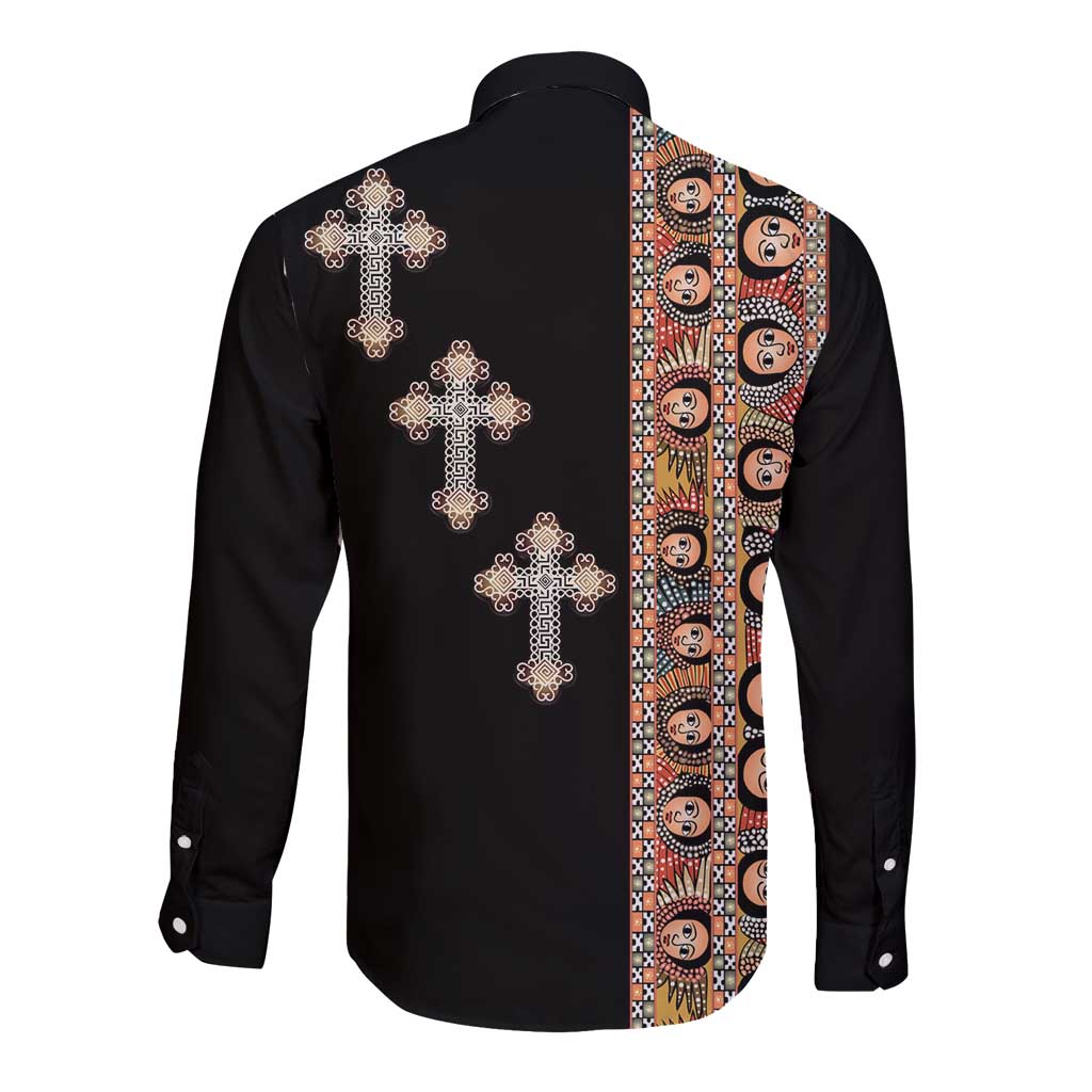 Ethiopia Angels Tilet Long Sleeve Button Shirt Ethiopian Cross Black Color