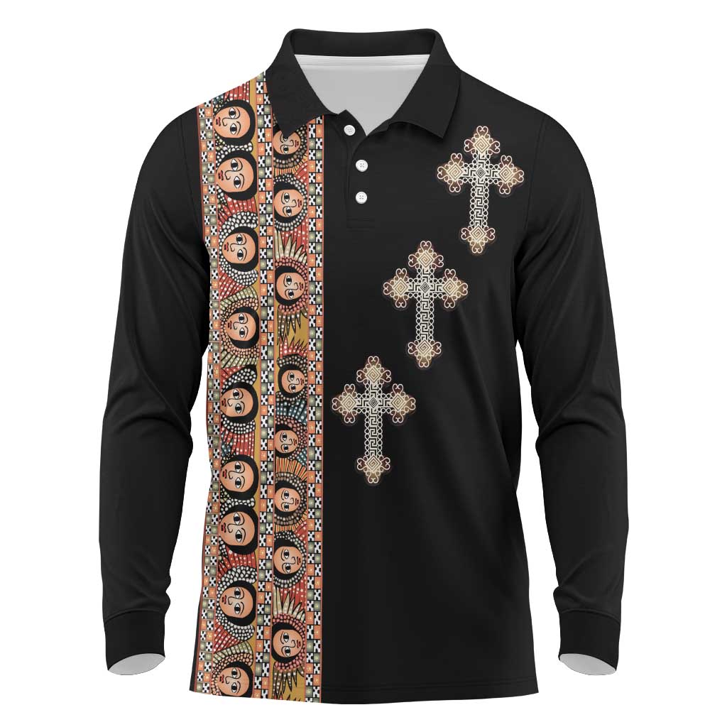 Ethiopia Angels Tilet Long Sleeve Polo Shirt Ethiopian Cross Black Color