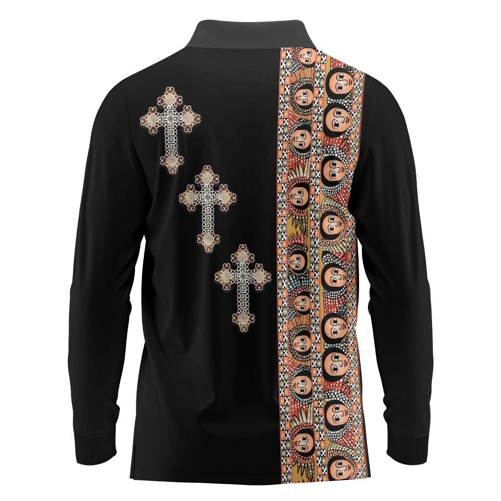 Ethiopia Angels Tilet Long Sleeve Polo Shirt Ethiopian Cross Black Color