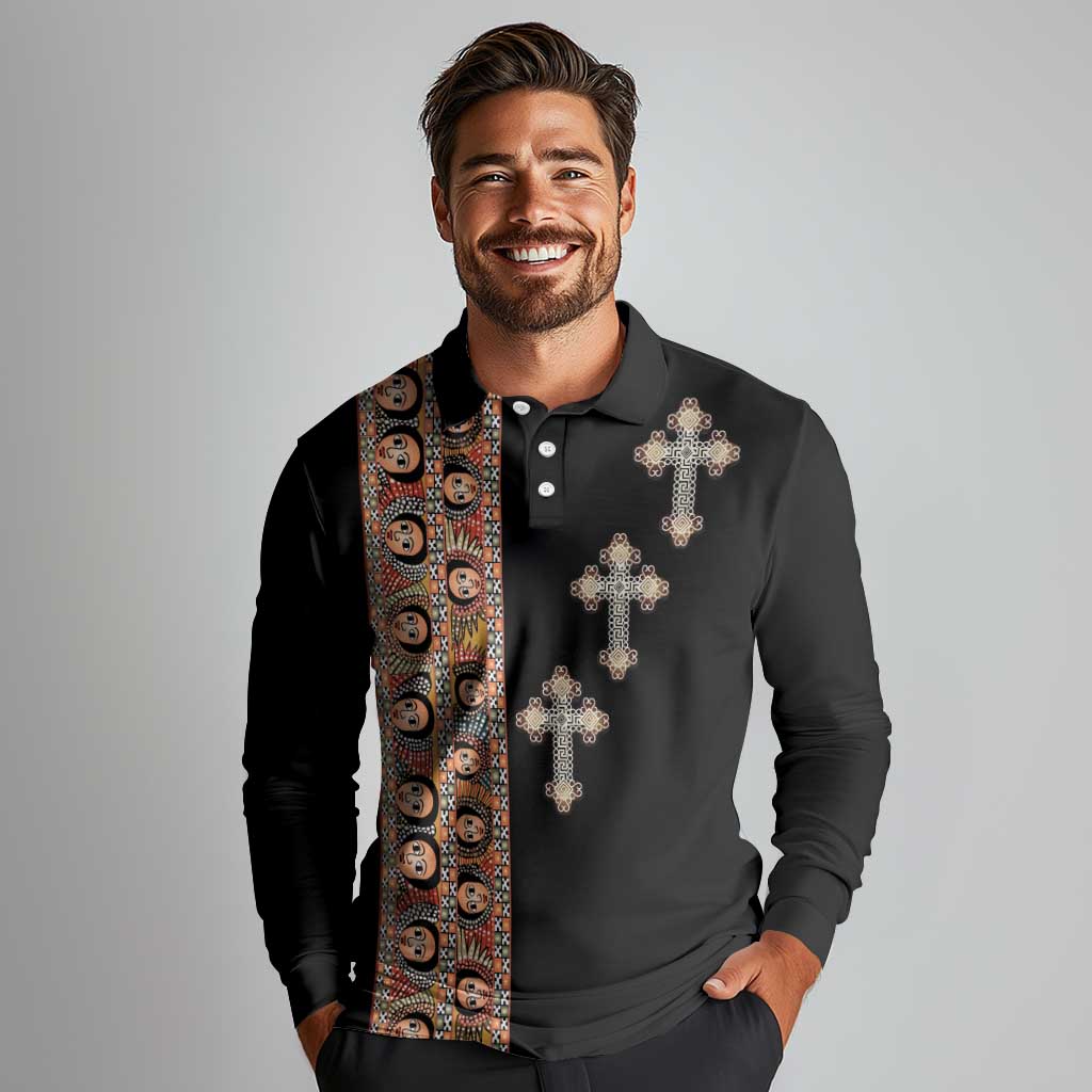 Ethiopia Angels Tilet Long Sleeve Polo Shirt Ethiopian Cross Black Color