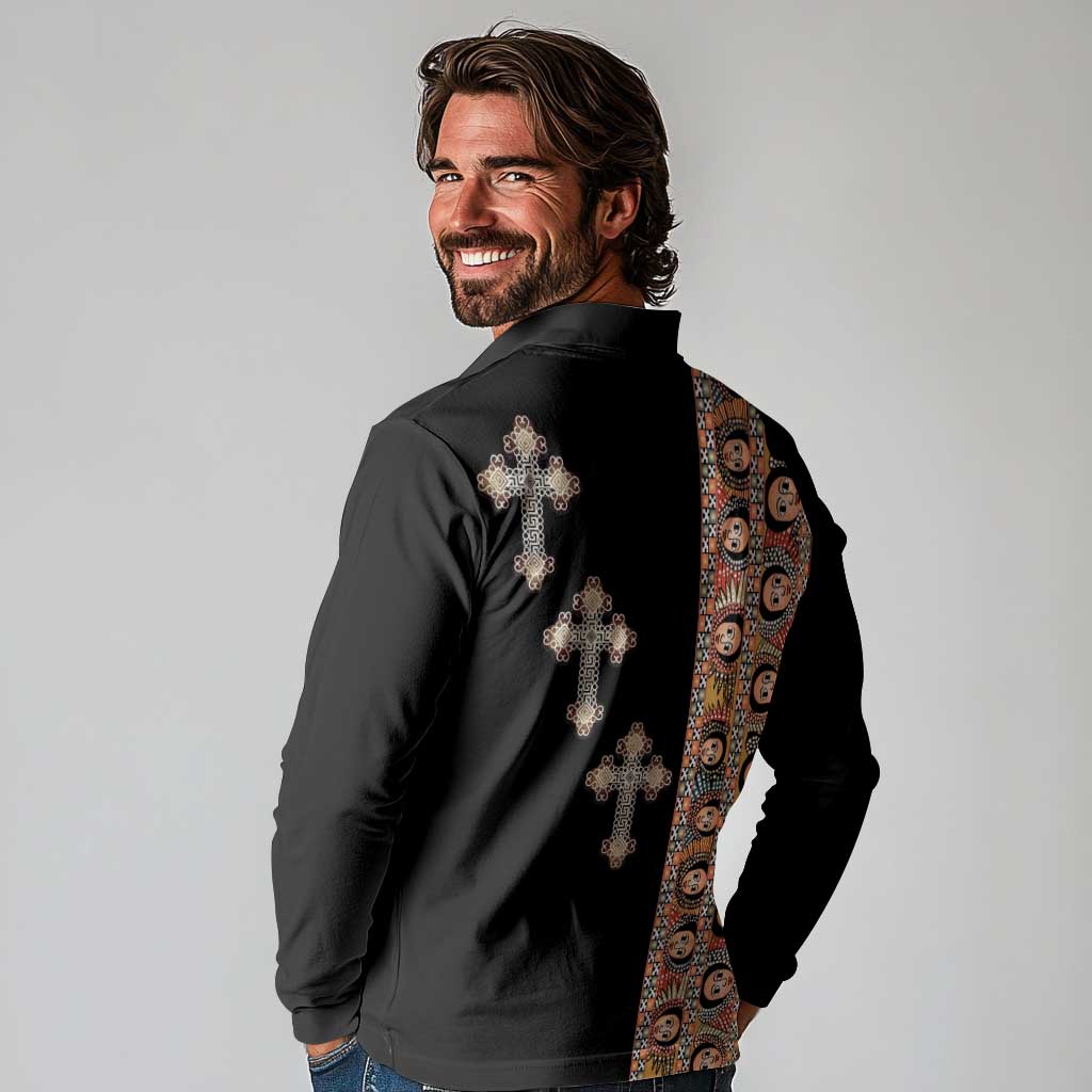 Ethiopia Angels Tilet Long Sleeve Polo Shirt Ethiopian Cross Black Color