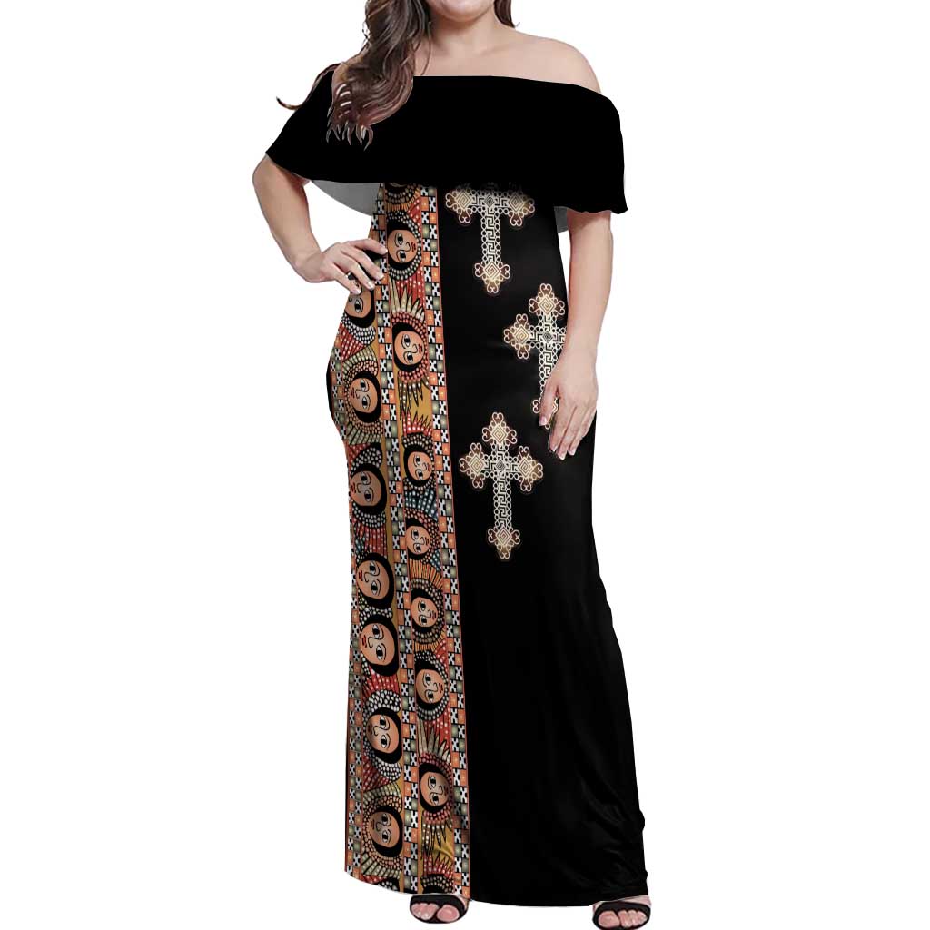 Ethiopia Angels Tilet Off Shoulder Maxi Dress Ethiopian Cross Black Color