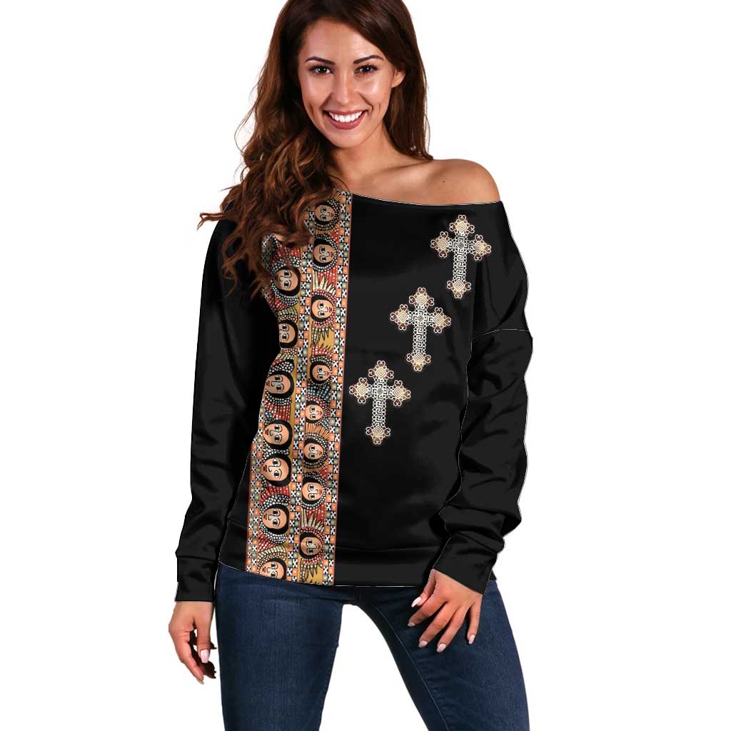 Ethiopia Angels Tilet Off Shoulder Sweater Ethiopian Cross Black Color