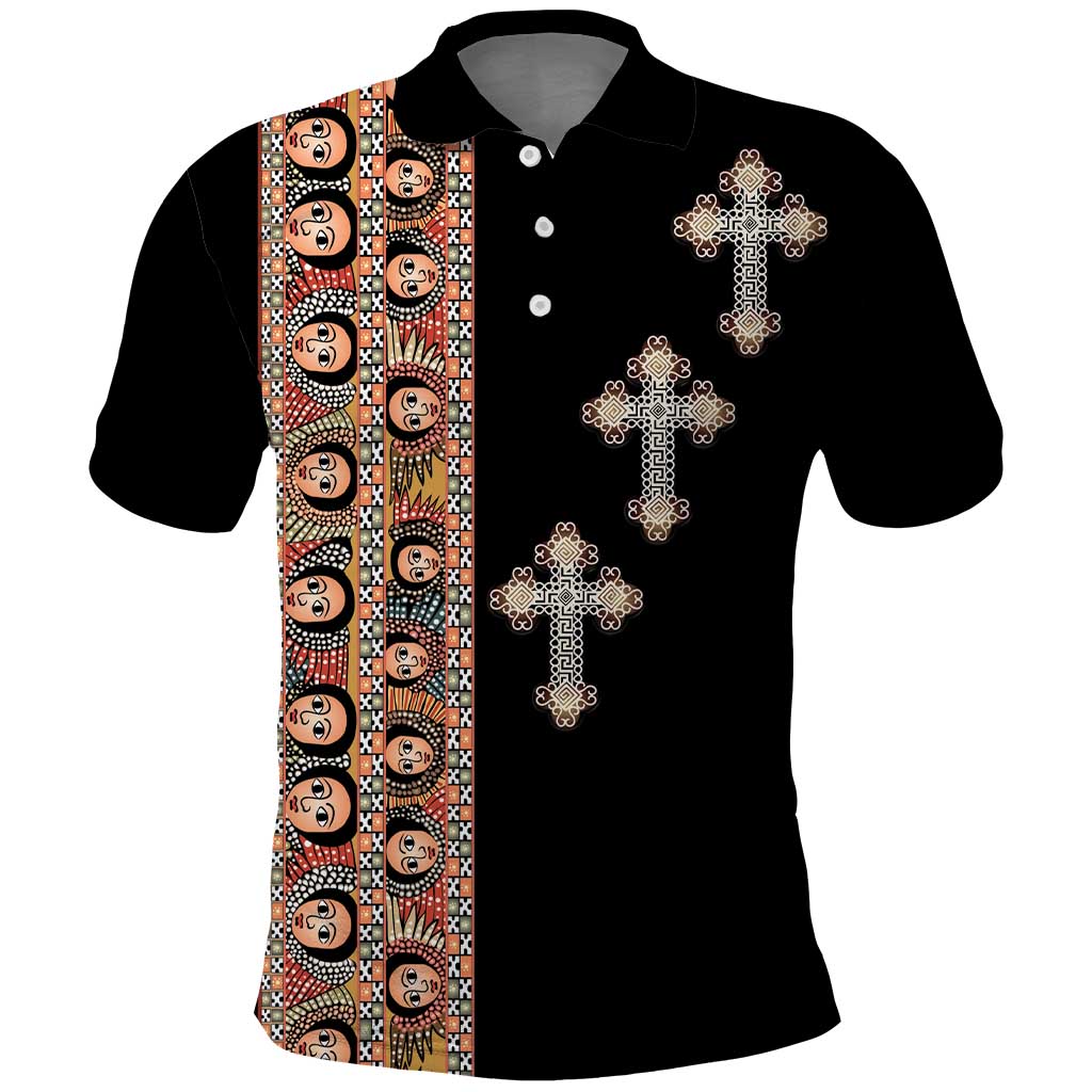 Ethiopia Angels Tilet Polo Shirt Ethiopian Cross Black Color