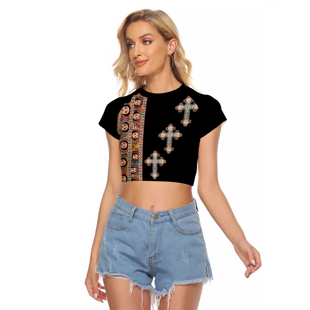 Ethiopia Angels Tilet Raglan Cropped T Shirt Ethiopian Cross Black Color