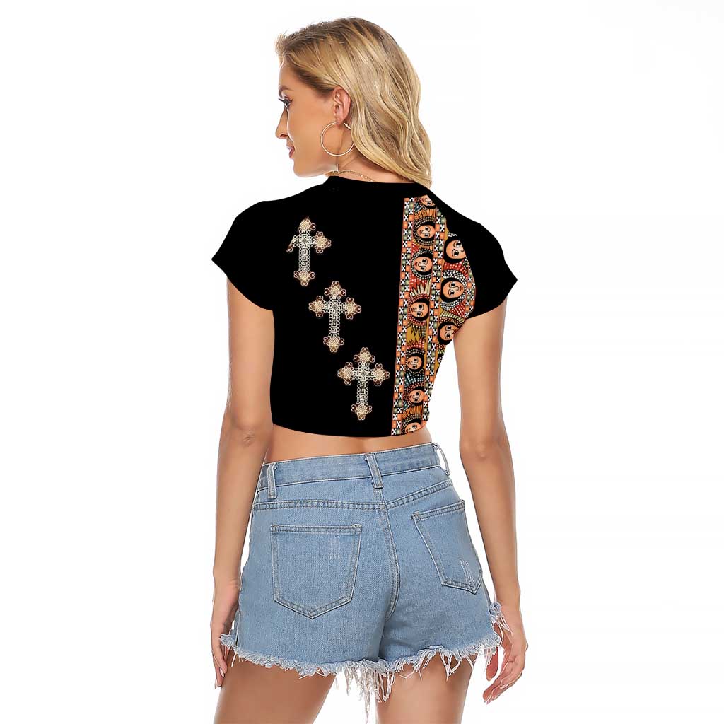 Ethiopia Angels Tilet Raglan Cropped T Shirt Ethiopian Cross Black Color
