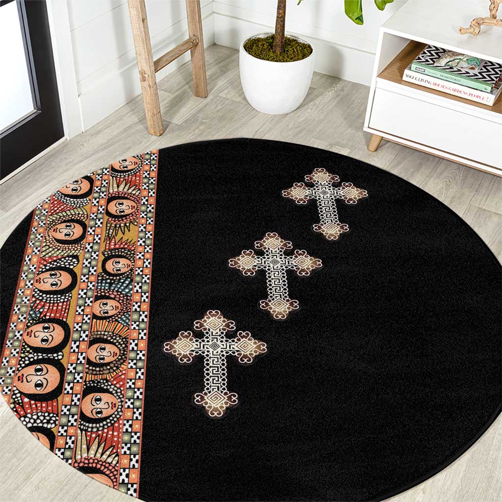 Ethiopia Angels Tilet Round Carpet Ethiopian Cross Black Color