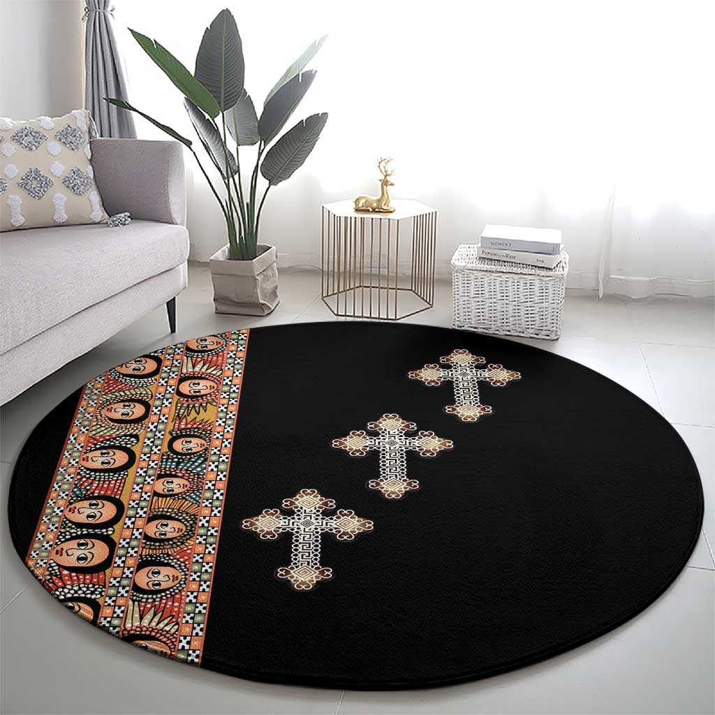 Ethiopia Angels Tilet Round Carpet Ethiopian Cross Black Color