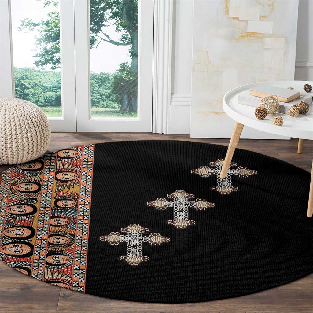 Ethiopia Angels Tilet Round Carpet Ethiopian Cross Black Color