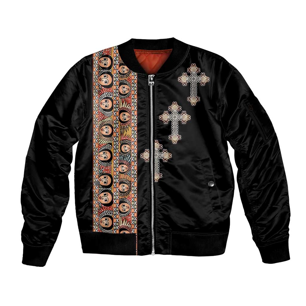 Ethiopia Angels Tilet Sleeve Zip Bomber Jacket Ethiopian Cross Black Color