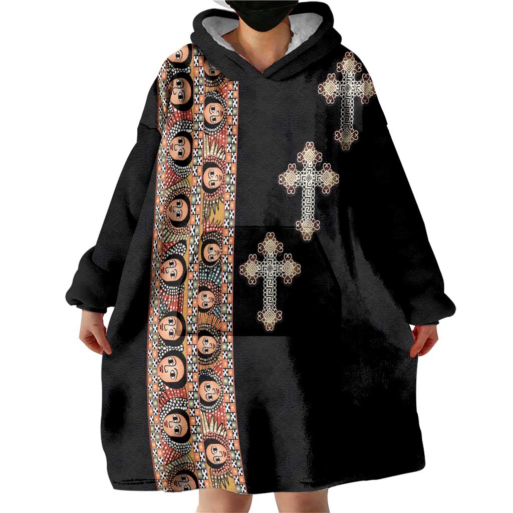 Ethiopia Angels Tilet Wearable Blanket Hoodie Ethiopian Cross Black Color
