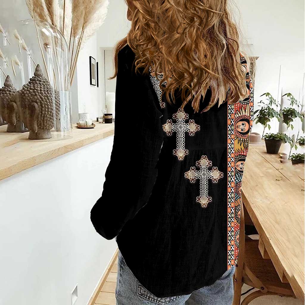 Ethiopia Angels Tilet Women Casual Shirt Ethiopian Cross Black Color