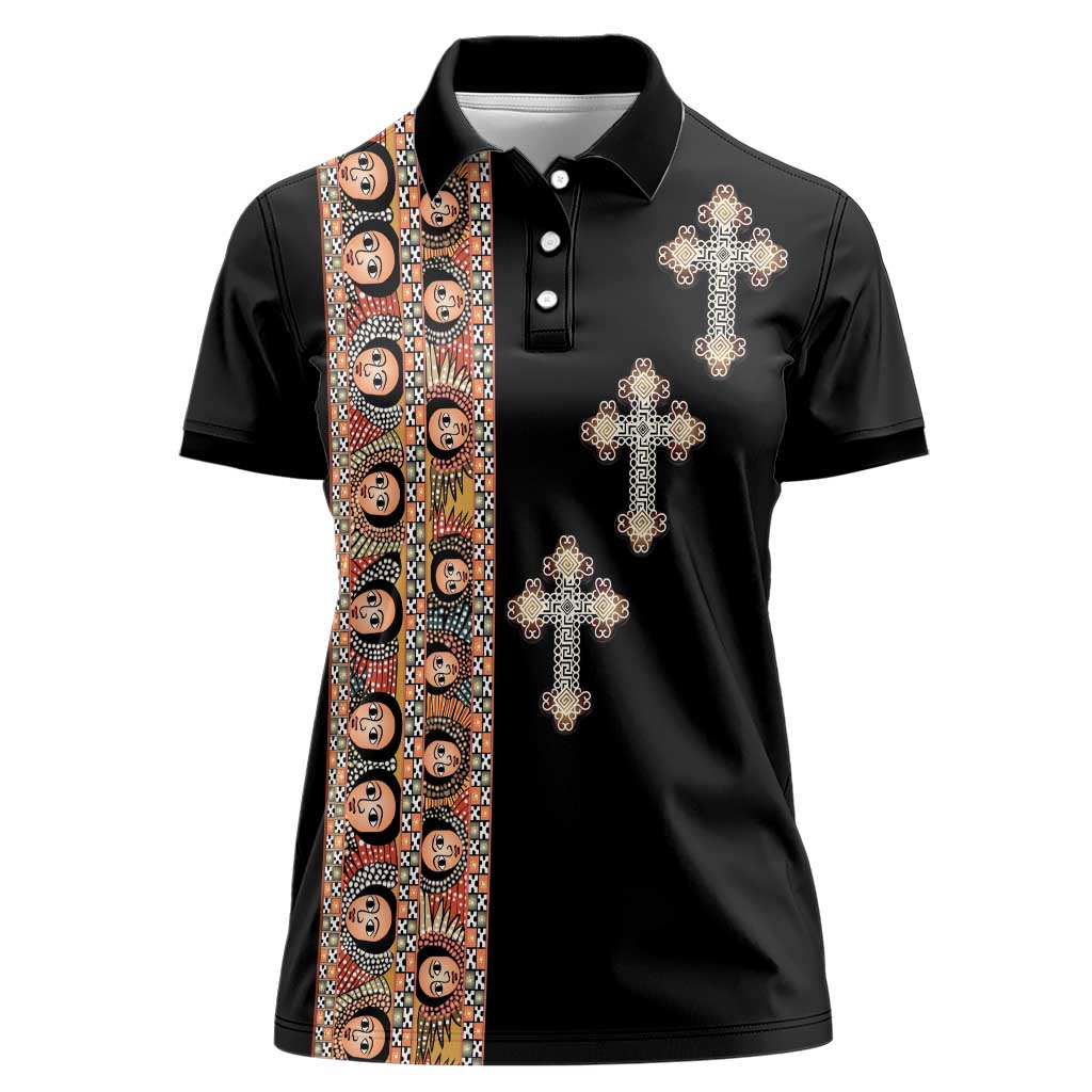 Ethiopia Angels Tilet Women Polo Shirt Ethiopian Cross Black Color
