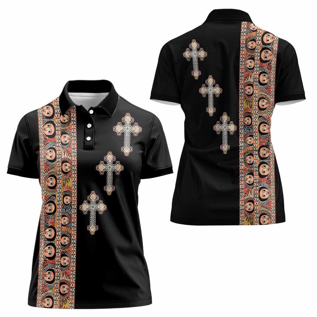 Ethiopia Angels Tilet Women Polo Shirt Ethiopian Cross Black Color