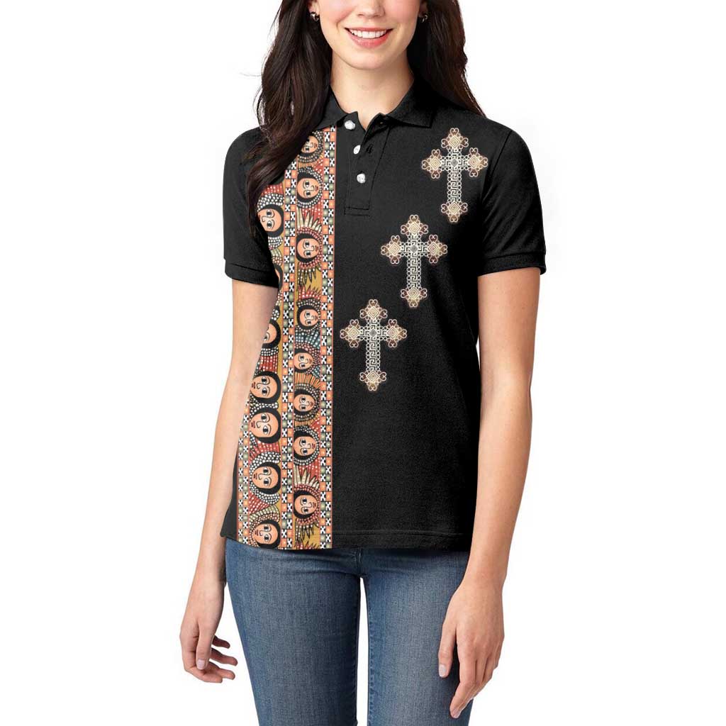 Ethiopia Angels Tilet Women Polo Shirt Ethiopian Cross Black Color