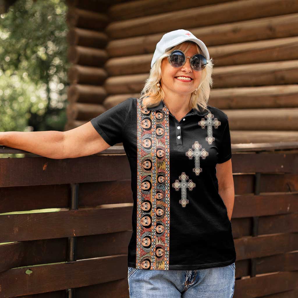 Ethiopia Angels Tilet Women Polo Shirt Ethiopian Cross Black Color