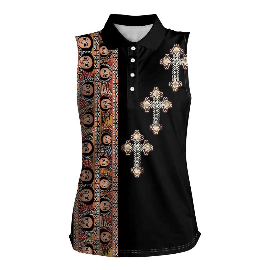 Ethiopia Angels Tilet Women Sleeveless Polo Shirt Ethiopian Cross Black Color