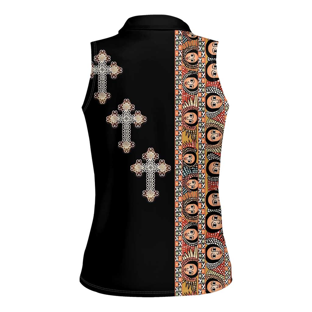 Ethiopia Angels Tilet Women Sleeveless Polo Shirt Ethiopian Cross Black Color