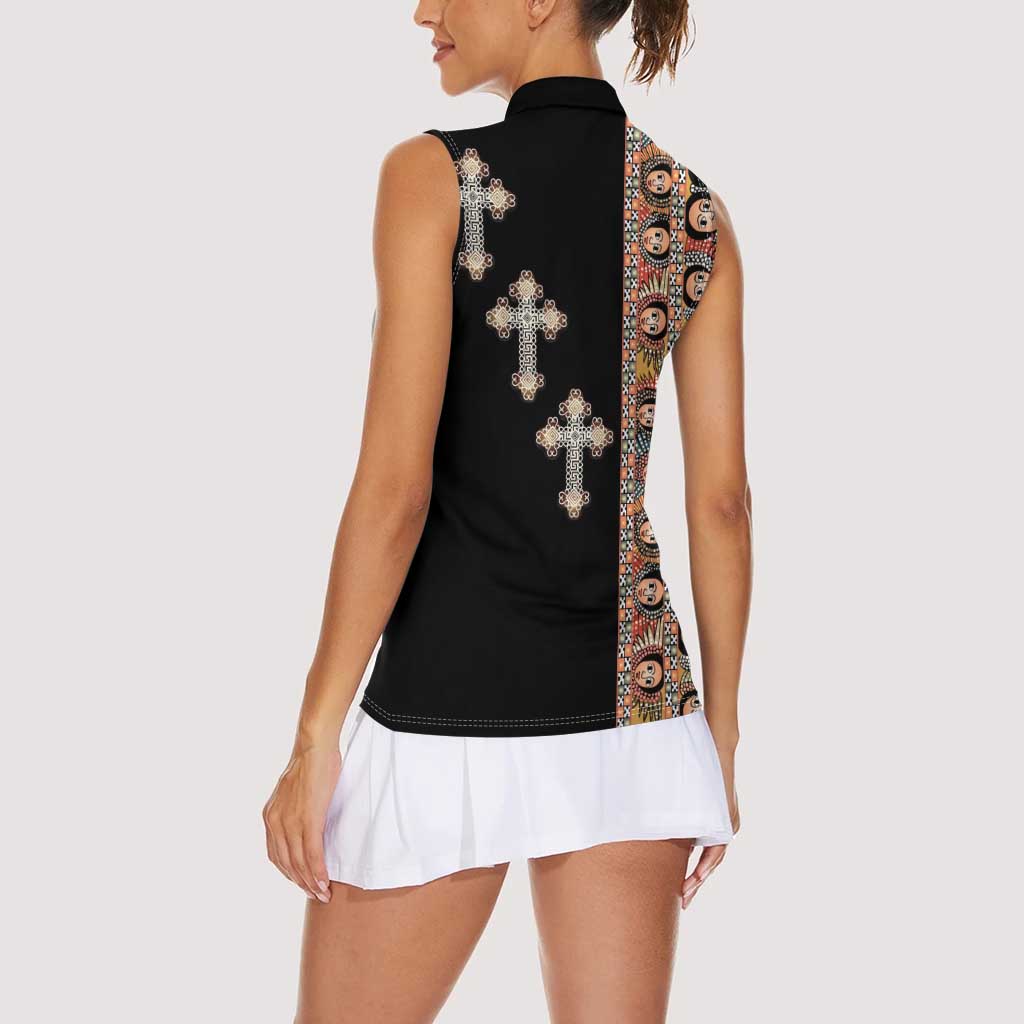 Ethiopia Angels Tilet Women Sleeveless Polo Shirt Ethiopian Cross Black Color