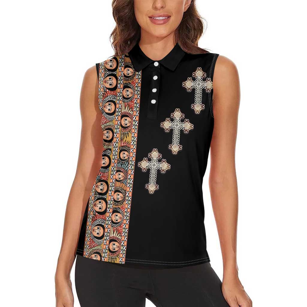 Ethiopia Angels Tilet Women Sleeveless Polo Shirt Ethiopian Cross Black Color