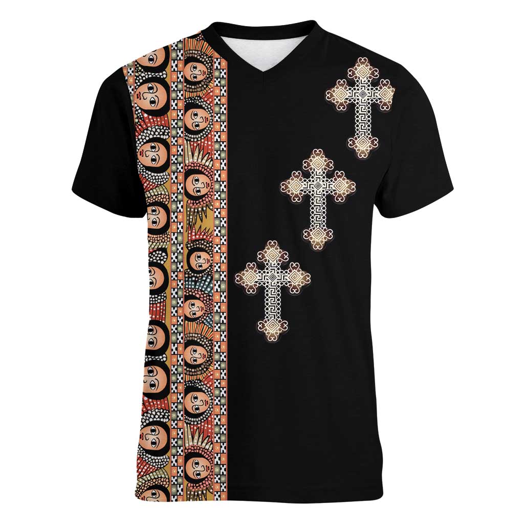 Ethiopia Angels Tilet Women V-Neck T-Shirt Ethiopian Cross Black Color