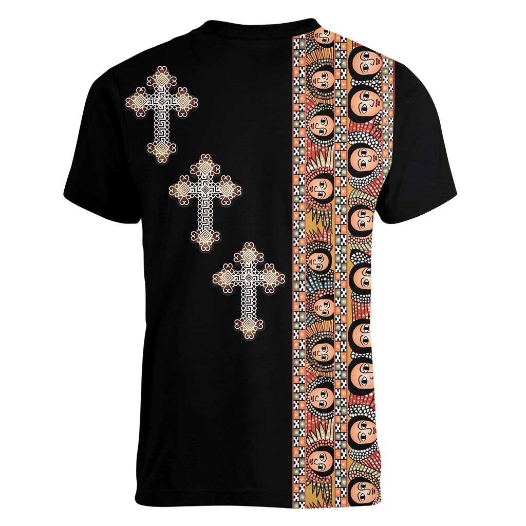 Ethiopia Angels Tilet Women V-Neck T-Shirt Ethiopian Cross Black Color