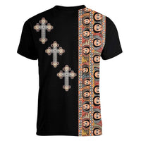 Ethiopia Angels Tilet Women V-Neck T-Shirt Ethiopian Cross Black Color