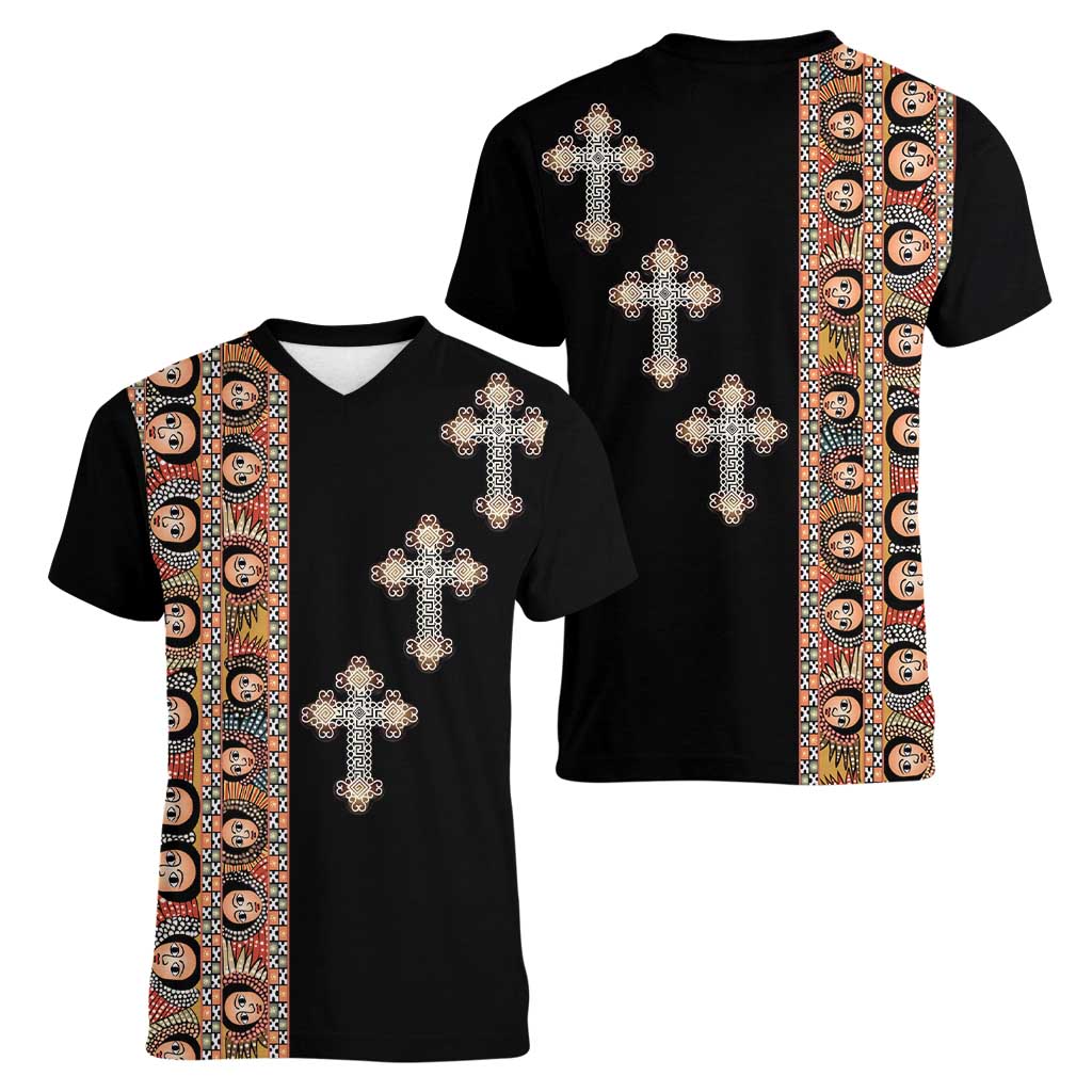 Ethiopia Angels Tilet Women V-Neck T-Shirt Ethiopian Cross Black Color