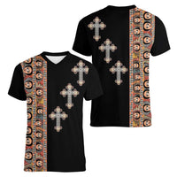 Ethiopia Angels Tilet Women V-Neck T-Shirt Ethiopian Cross Black Color