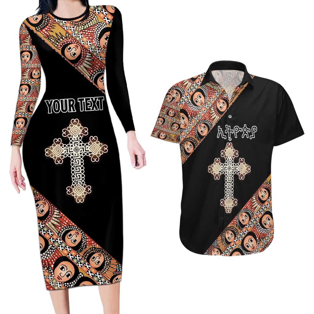 Personalized Ethiopian Orthodox Church Angel Couples Matching Long Sleeve Bodycon Dress and Hawaiian Shirt Black Color